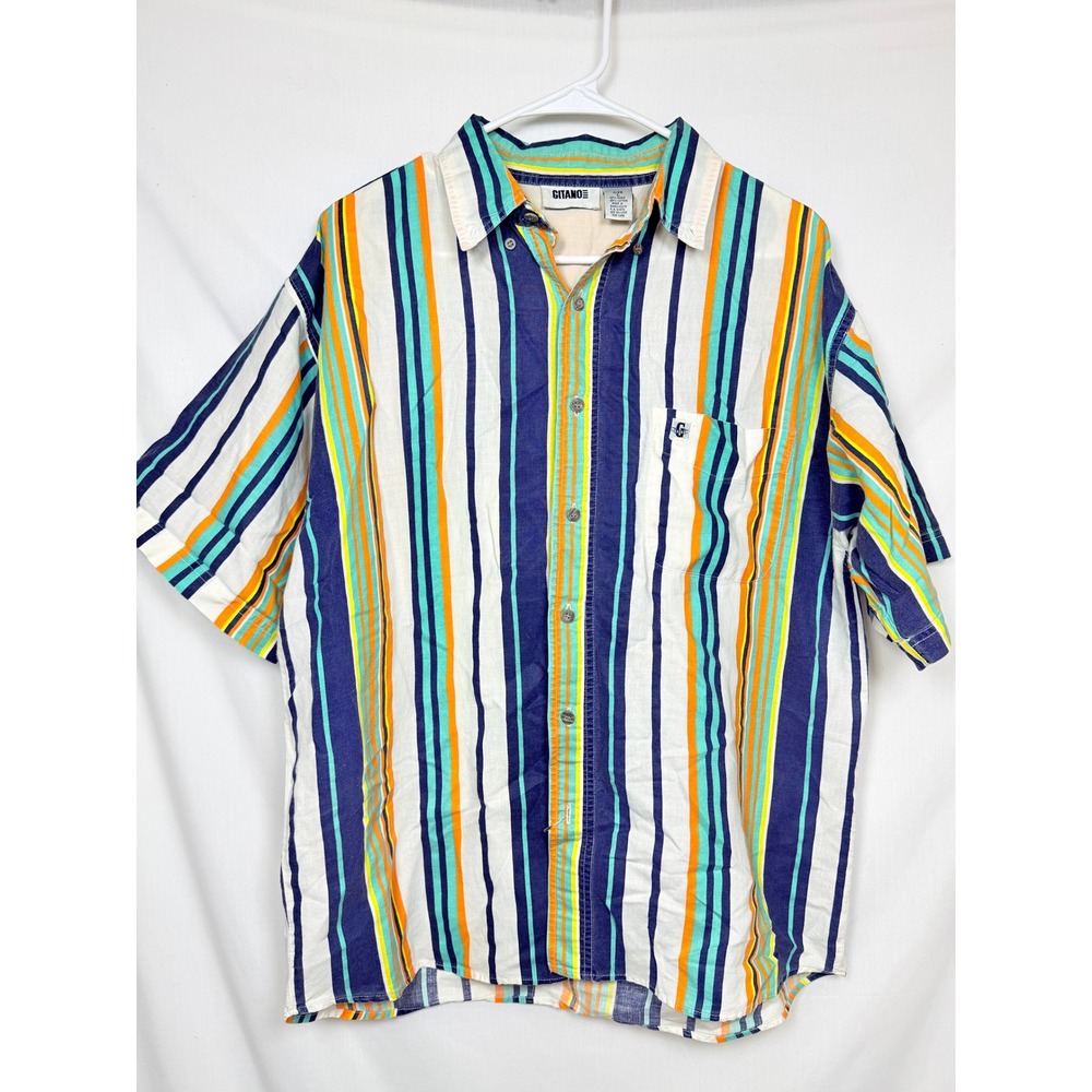Gitano Mens Large Short Sleeve Button Down Shirt Multi-Color Striped 90s Kidcore